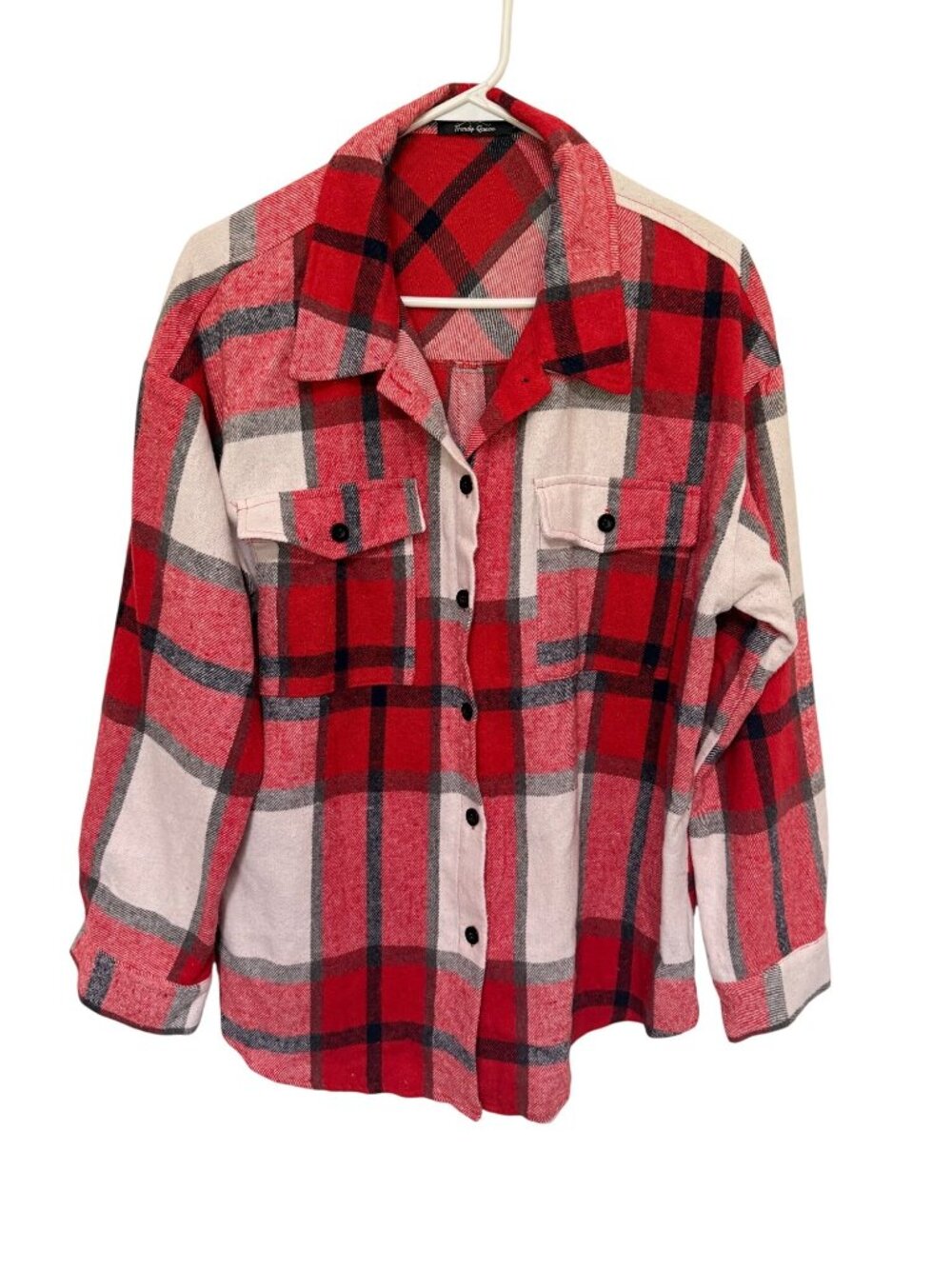 Trendy Queen Flannel Shacket Red White Plaid Pockets Oversized Womans XL